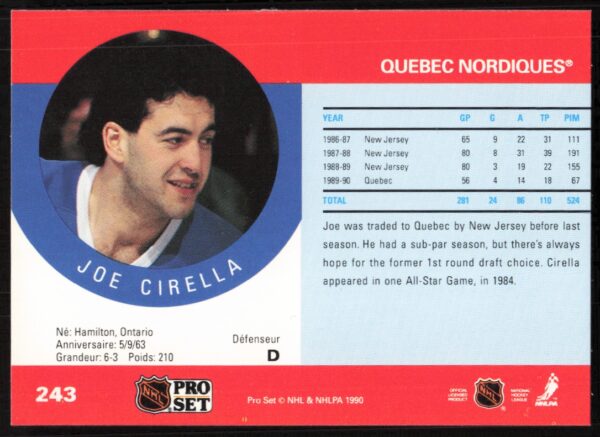 1990-91 Pro Set NHL Joe Cirella #243 (Back)