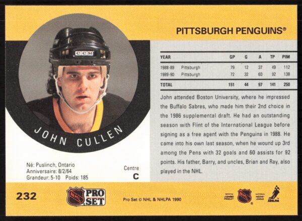 1990-91 Pro Set NHL John Cullen #232 (Back)