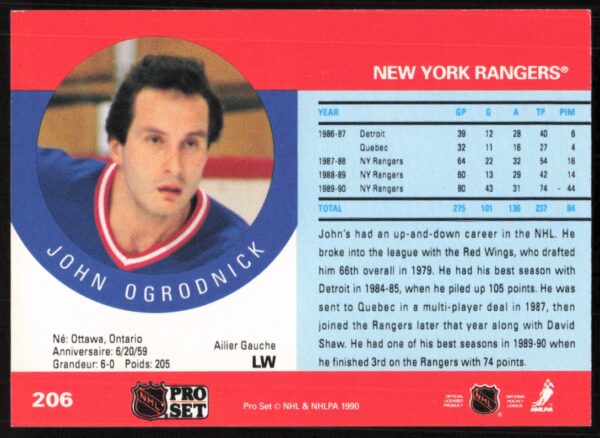 1990-91 Pro Set NHL John Ogrodnick #206 (Back)