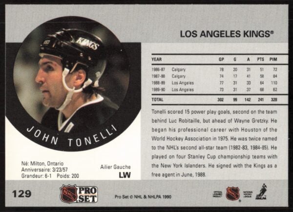 1990-91 Pro Set NHL John Tonelli #129 (Back)