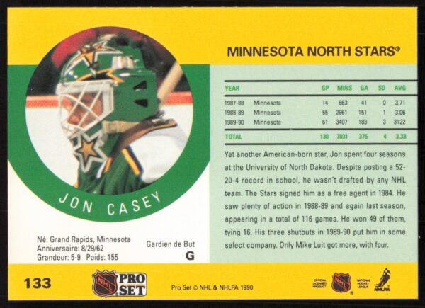 1990-91 Pro Set NHL Jon Casey #133 (Back)