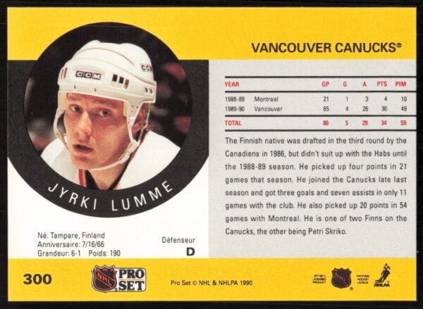 1990-91 Pro Set NHL Jyrki Lumme #300 (Back)