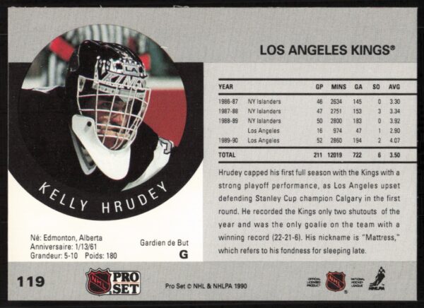 1990-91 Pro Set NHL Kelly Hrudey #119 (Back)