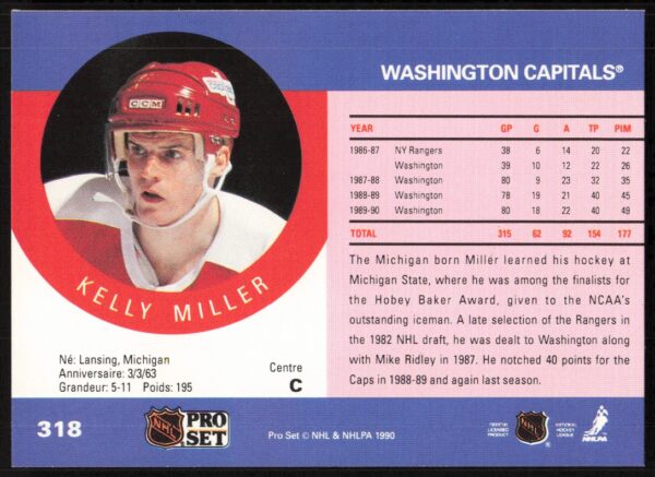 1990-91 Pro Set NHL Kelly Miller #318 (Back)