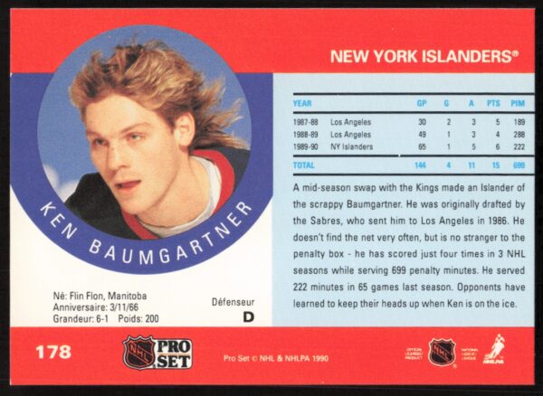 1990-91 Pro Set NHL Ken Baumgartner #178 (Back)