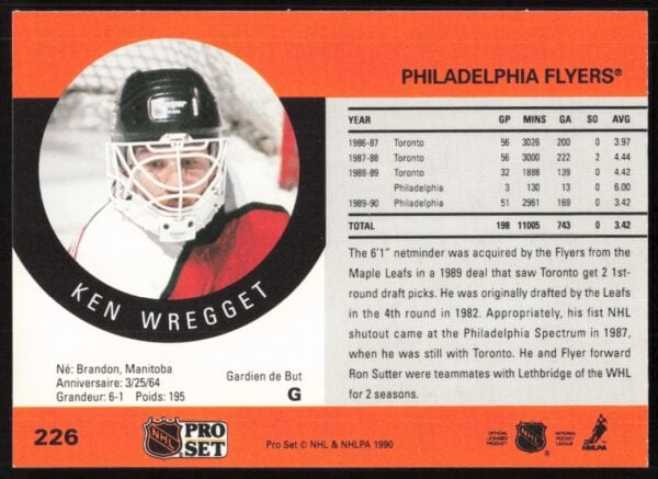 1990-91 Pro Set NHL Ken Wregget #226 (Back)