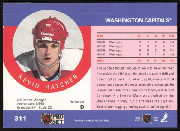 1990-91 Pro Set NHL Kevin Hatcher #311 (Back)