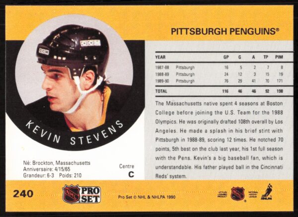 1990-91 Pro Set NHL Kevin Stevens #240 (Back)