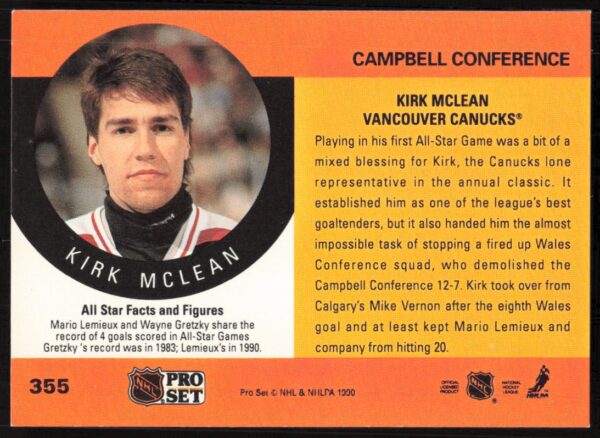 1990-91 Pro Set NHL Kirk McLean #355 (Back)