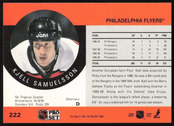 1990-91 Pro Set NHL Kjell Samuelsson #222 (Back)