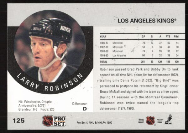 1990-91 Pro Set NHL Larry Robinson #125 (Back)