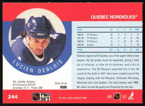 1990-91 Pro Set NHL Lucien DeBlois #244 (Back)