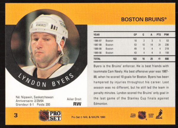 1990-91 Pro Set NHL Lyndon Byers #3 (Back)