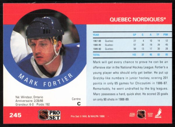 1990-91 Pro Set NHL Marc Fortier (Error on Front & Back - First Name Misspelled) #245 (Back)