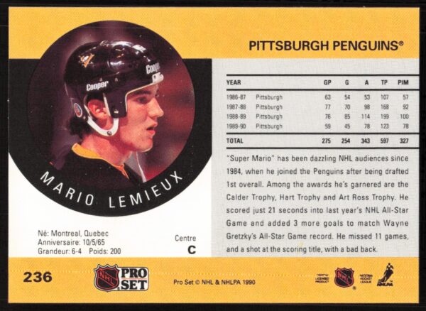 1990-91 Pro Set NHL Mario Lemieux #236 (Back)