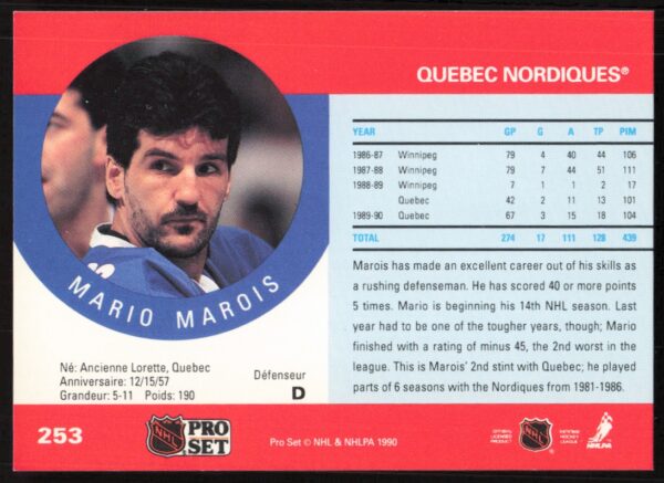 1990-91 Pro Set NHL Mario Marois #253 (Back)