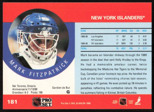 1990-91 Pro Set NHL Mark Fitzpatrick #181 (Back)