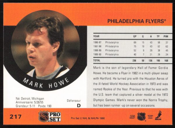 1990-91 Pro Set NHL Mark Howe #217 (Back)