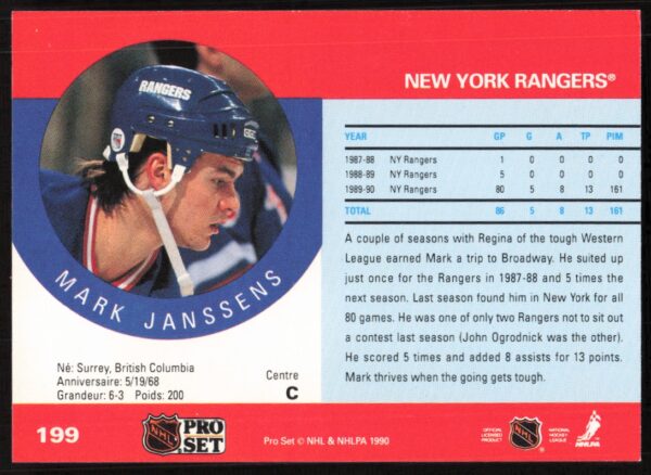 1990-91 Pro Set NHL Mark Janssens #199 (Back)