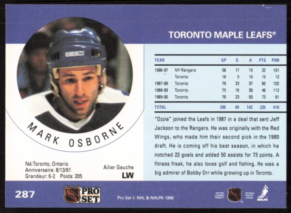 1990-91 Pro Set NHL Mark Osborne #287 (Back)