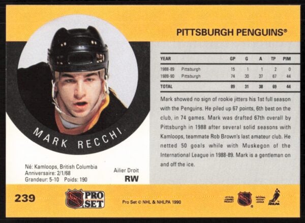 1990-91 Pro Set NHL Mark Recchi #239 (Back)