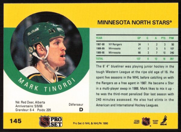 1990-91 Pro Set NHL Mark Tinordi #145 (Back)