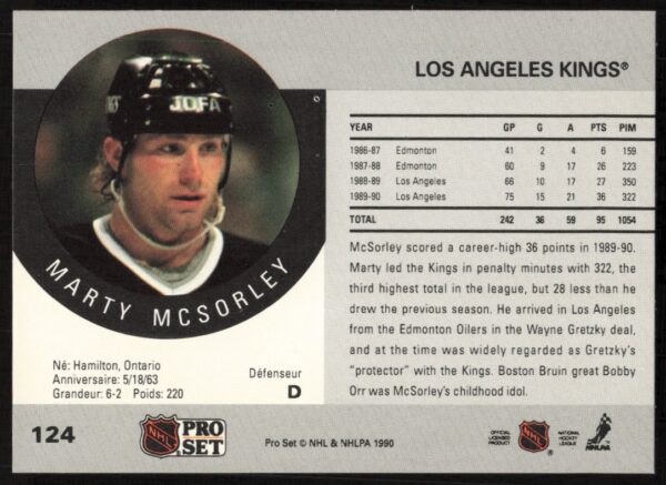 1990-91 Pro Set NHL Marty McSorley #124 (Back)