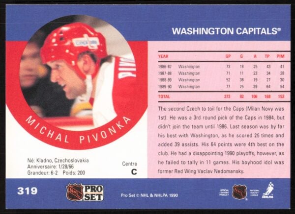 1990-91 Pro Set NHL Michal Pivonka #319 (Back)