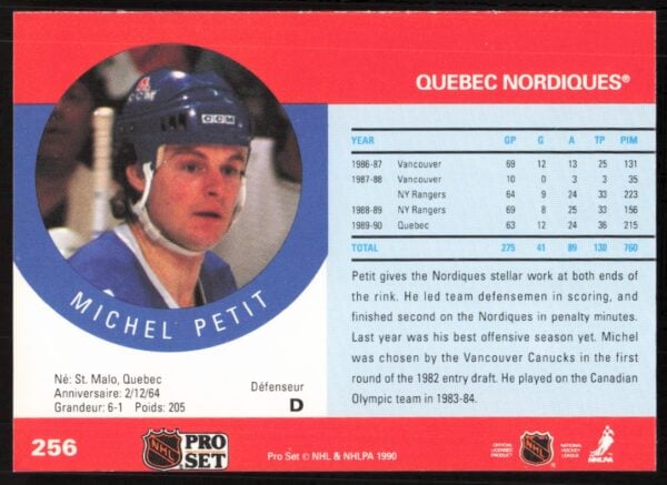 1990-91 Pro Set NHL Michel Petit #256 (Back)