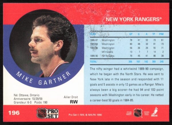 1990-91 Pro Set NHL Mike Gartner #196 (Back)