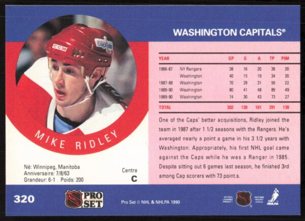 1990-91 Pro Set NHL Mike Ridley (Error on Back - Grammatical Error) #320 (Back)