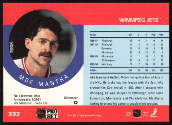 1990-91 Pro Set NHL Moe Mantha #332 (Back)