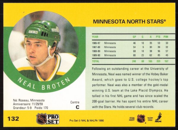 1990-91 Pro Set NHL Neal Broten #132 (Back)