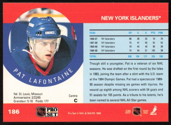 1990-91 Pro Set NHL Pat LaFontaine #186 (Back)