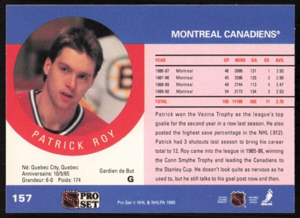 1990-91 Pro Set NHL Patrick Roy #157 (Back)