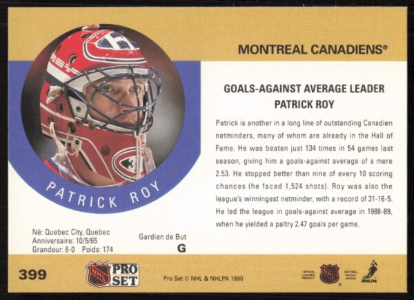 1990-91 Pro Set NHL Patrick Roy #399 (Back)