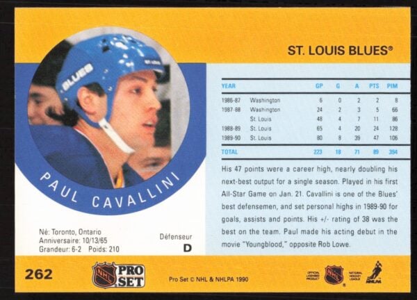 1990-91 Pro Set NHL Paul Cavallini #262 (Back)