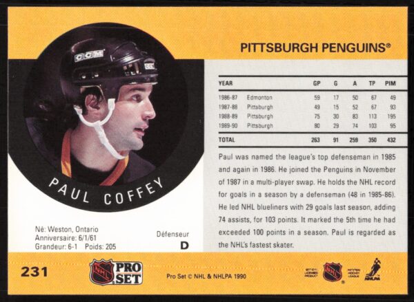 1990-91 Pro Set NHL Paul Coffey #231 (Back)