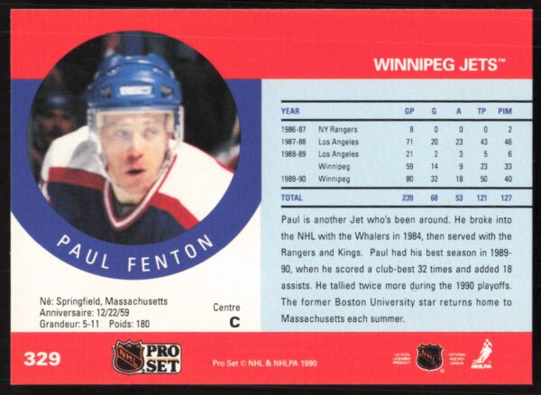 1990-91 Pro Set NHL Paul Fenton #329 (Back)