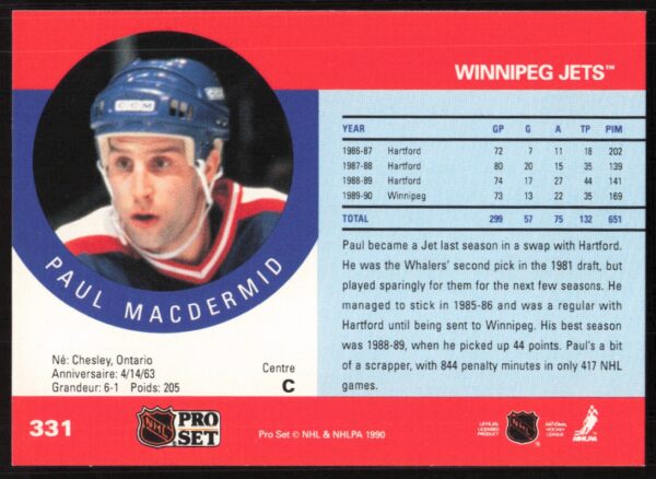 1990-91 Pro Set NHL Paul MacDermid #331 (Back)