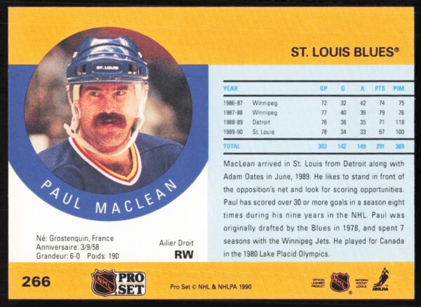 1990-91 Pro Set NHL Paul MacLean #266 (Back)