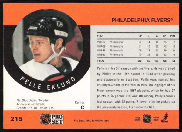 1990-91 Pro Set NHL Pelle Eklund #215 (Back)