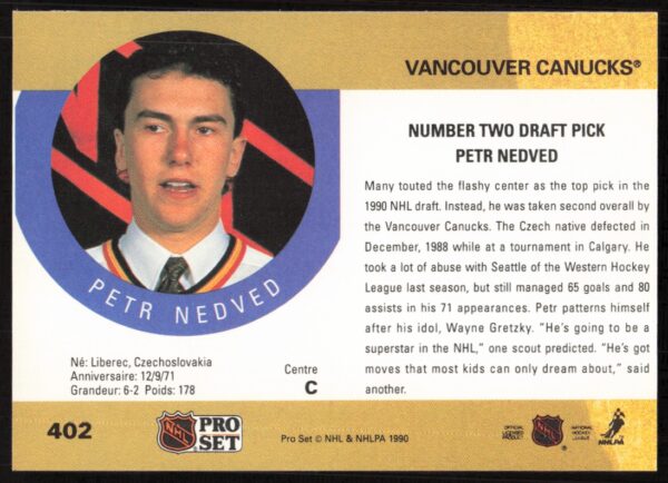 1990-91 Pro Set NHL Petr Nedved #402 (Back)