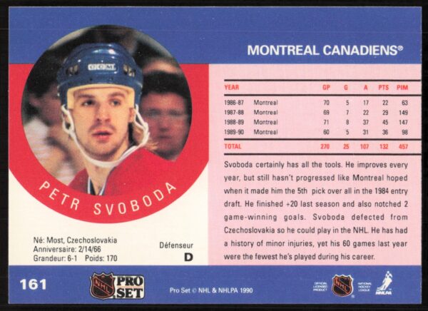 1990-91 Pro Set NHL Petr Svoboda #161 (Back)