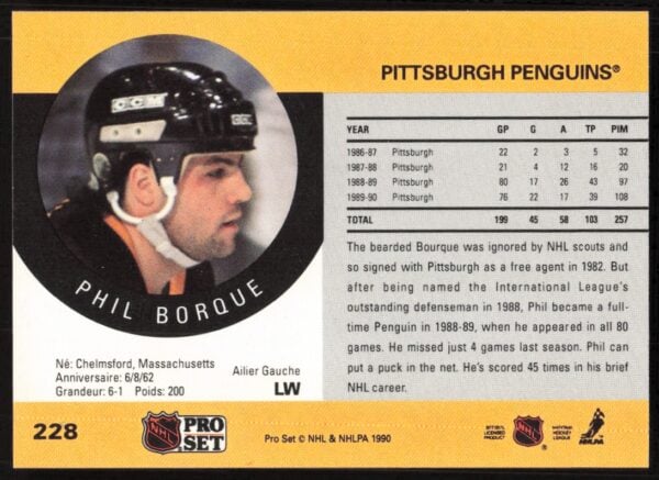 1990-91 Pro Set NHL Phil Bourque #228 (Back)