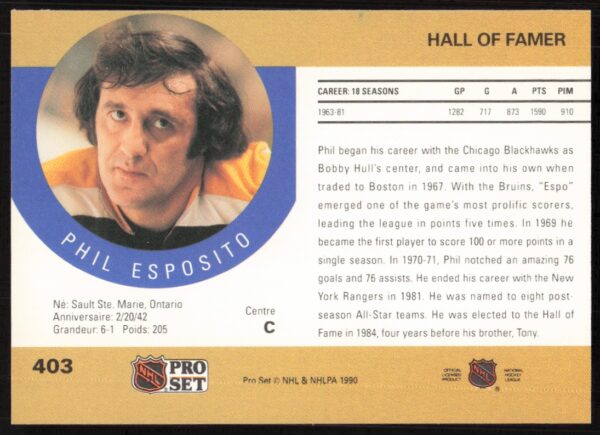 1990-91 Pro Set NHL Phil Esposito #403 (Back)