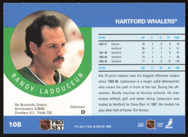 1990-91 Pro Set NHL Randy Ladouceur #108 (Back)