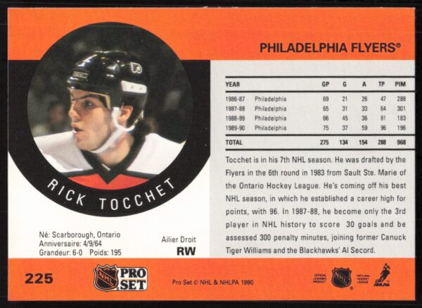 1990-91 Pro Set NHL Rick Tocchet #225 (Back)
