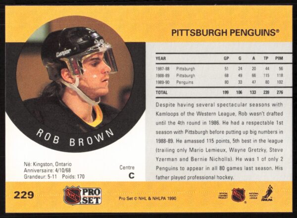 1990-91 Pro Set NHL Rob Brown #229 (Back)