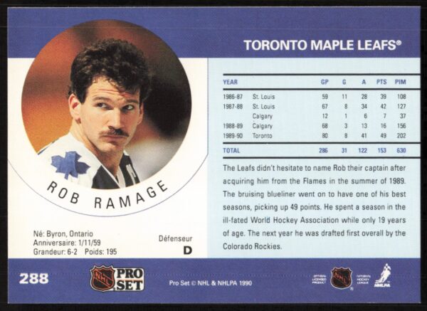 1990-91 Pro Set NHL Rob Ramage #288 (Back)